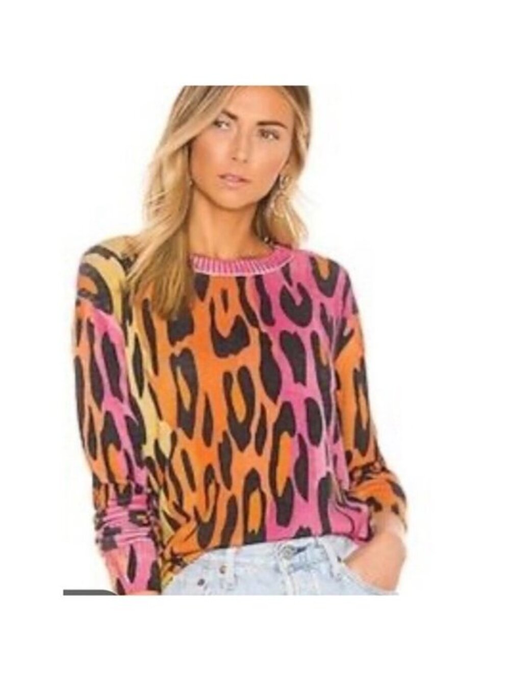 Autumn Cashmere Pink Orange Yellow Leopard Crewneck Sweater 100% Cashmere S